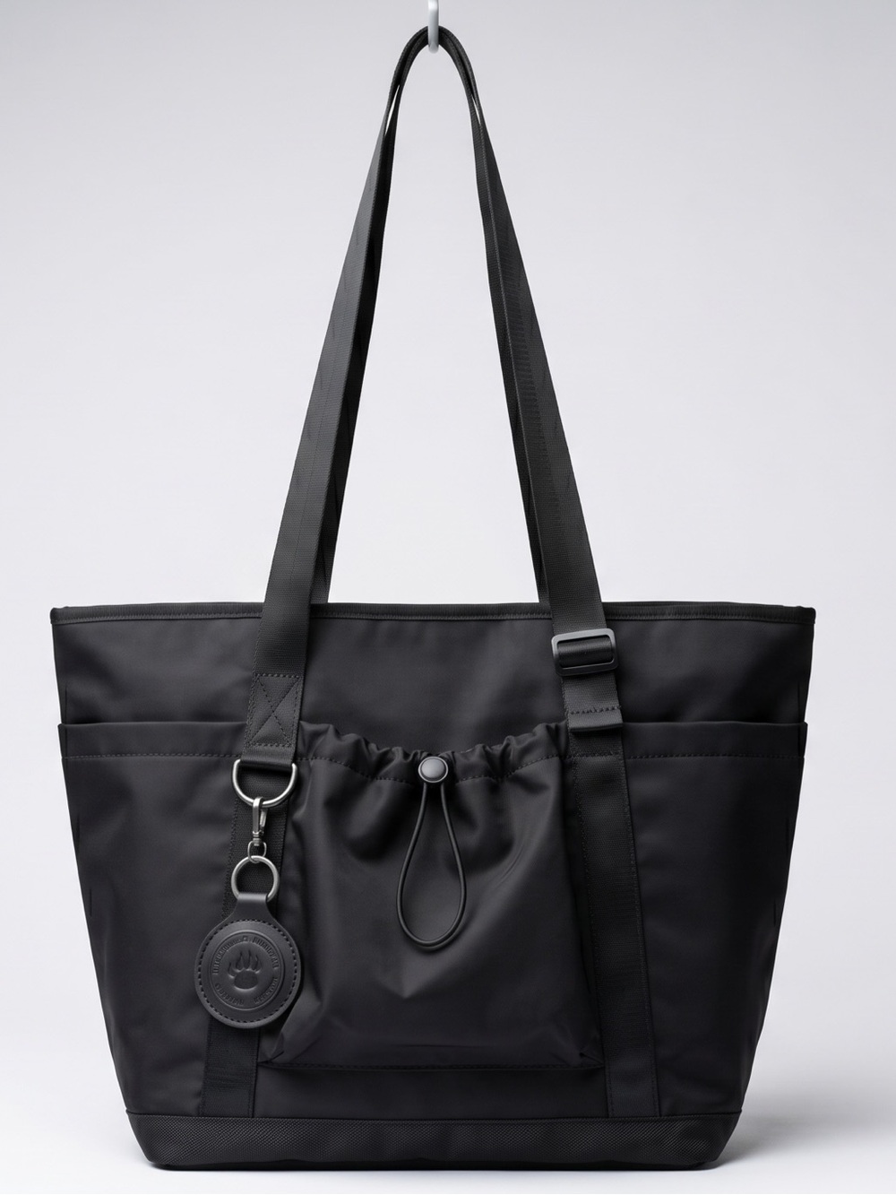 BearPaw Black Nylon Tote Bag with Front Drawstring Pocket Travel Work